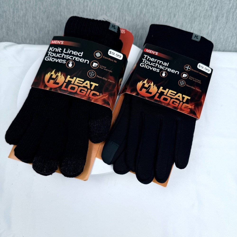 Heat Logic Mens 2 Pair Bundle Knit Lined & Thermal Touchscreen Gloves Black NWT